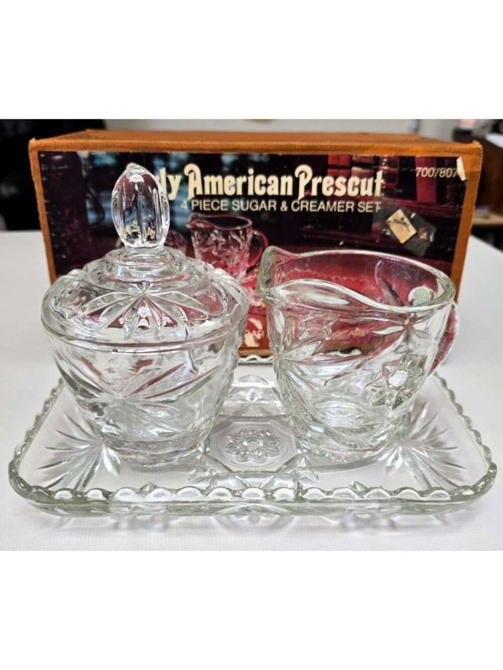 Early American Glass 4-Piece Sugar & Creamer Set & Serving Tray Anchor Hocking